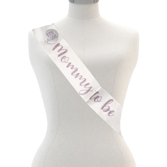 White Mommy to be Sash with It’s a Girl Badge with decorative stones