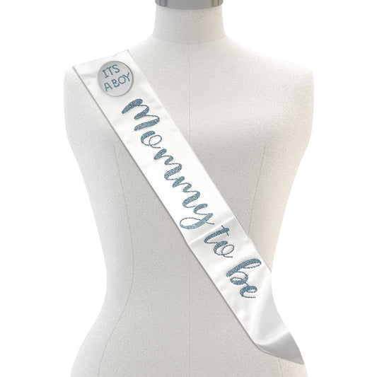 White Mommy to be Sash with It’s a Boy Badge with decorative stones